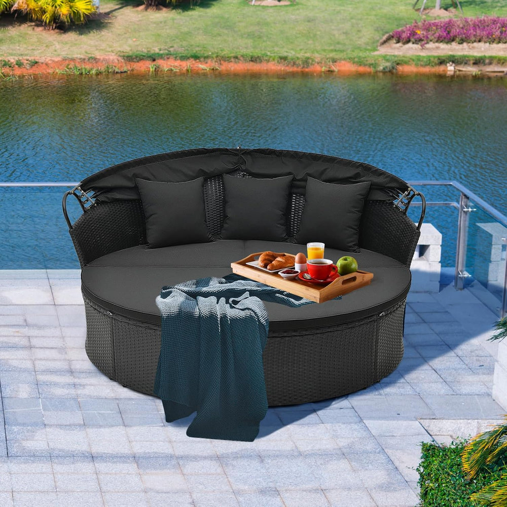 Tangkula Outdoor Patio Round Daybed with Retractable Canopy, Black Rattan Wic...