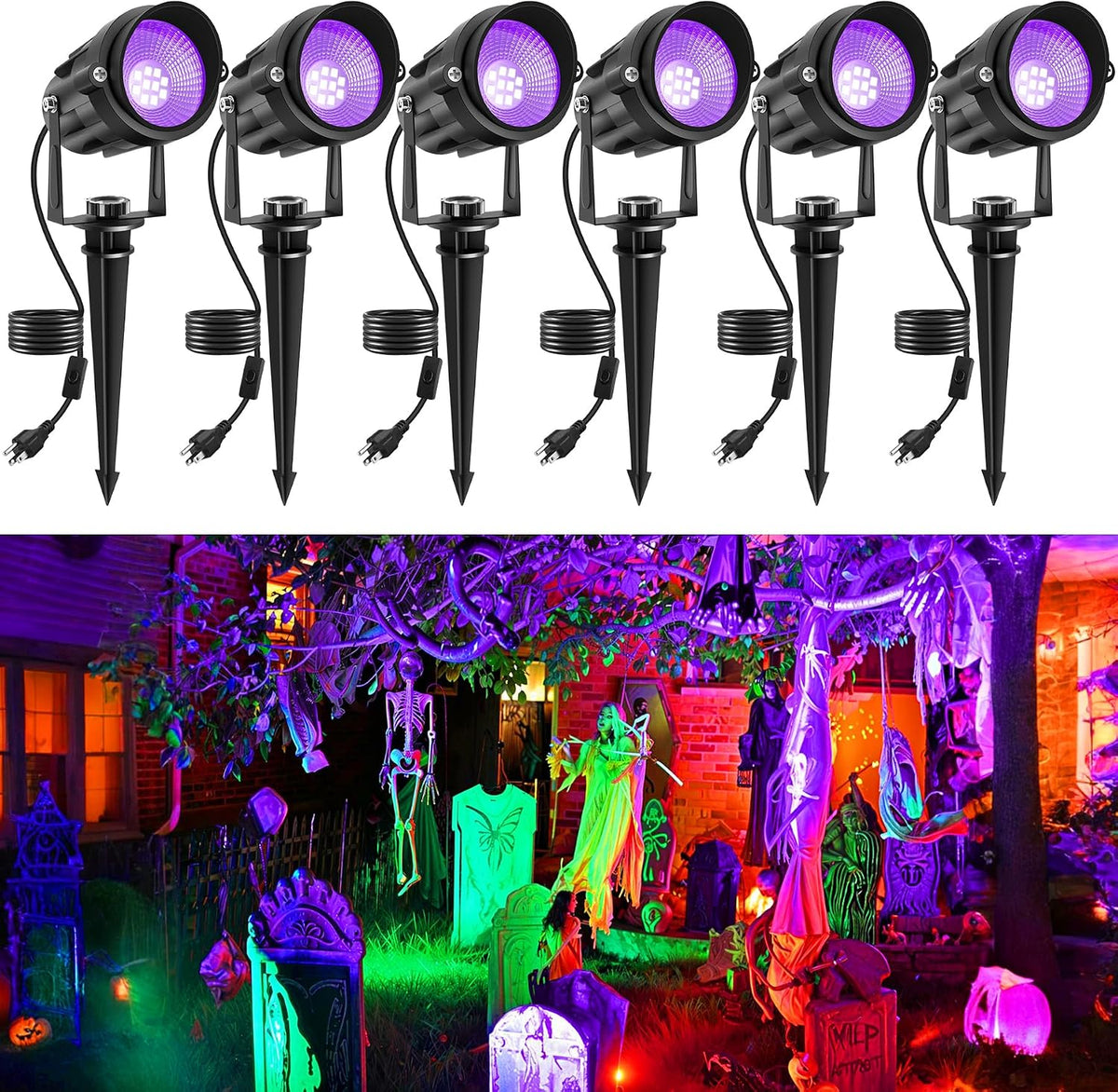 Halloween Outdoor Black Light Spotlight, LED Black Lights Waterproof Landscape Lights with US Plug for Glow Party Body Paint Fluorescent Poster Stage Lighting Yard Garden Decoration(6 Pack)