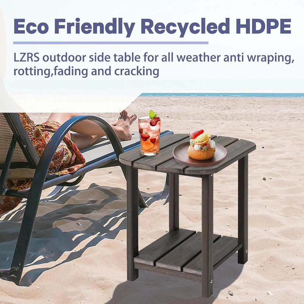 LZRS 2-Tier Patio Side Table, Heavy Duty HDPE Outdoor End Table with Wood Tex...