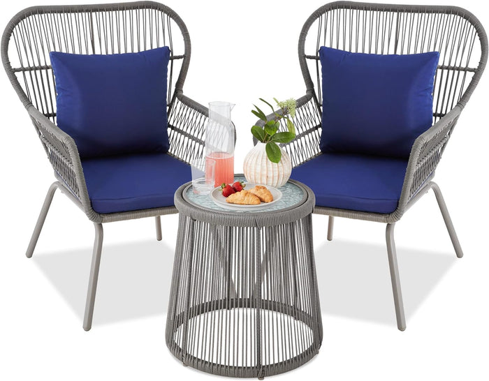 Best Choice Products 3-Piece Patio Conversation Bistro Set, Outdoor All-Weather Wicker Furniture for Porch, Backyard w/ 2 Wide Ergonomic Chairs, Cushions, Glass Top Side Table - Gray/Navy