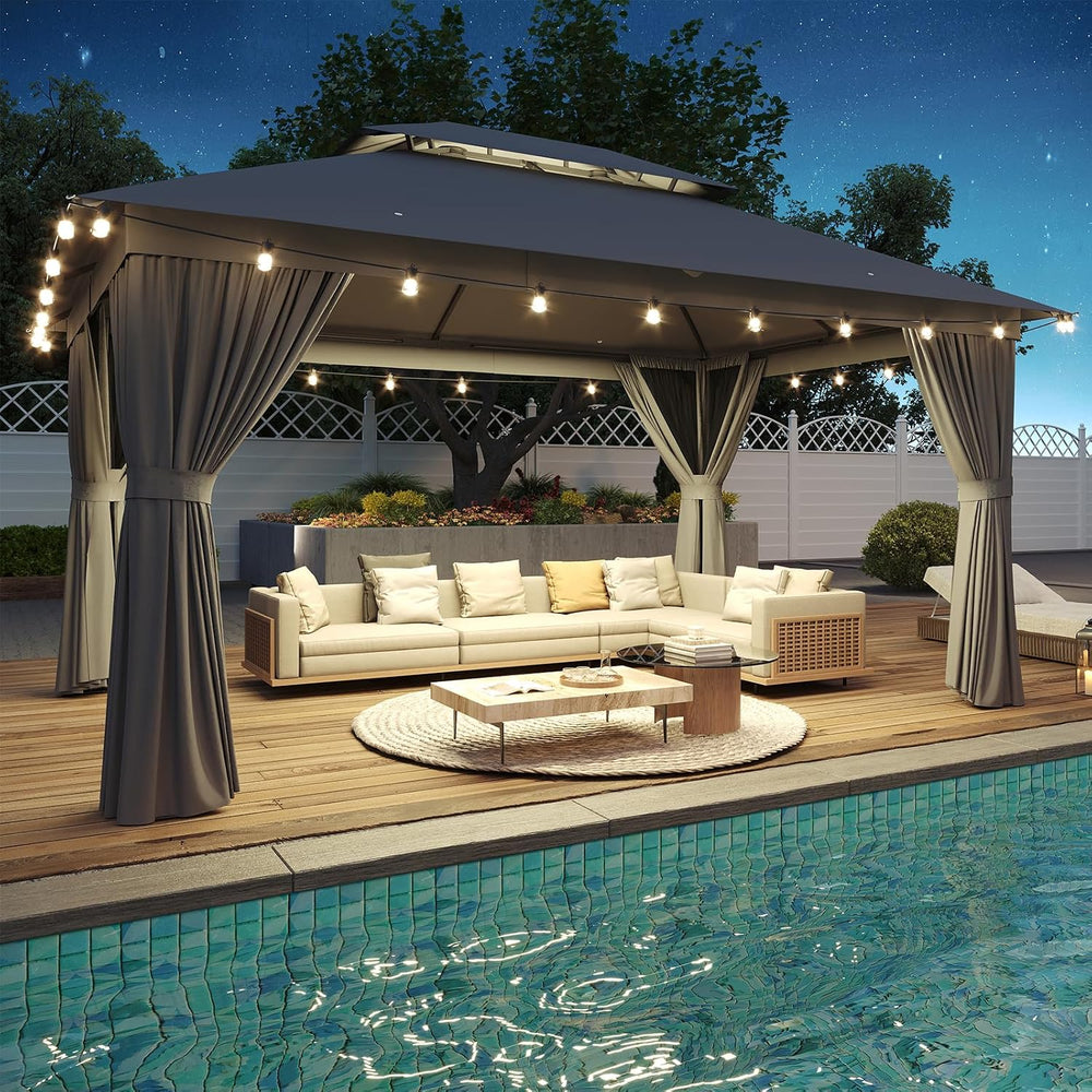 12'x10' Gazebo with Light, Outdoor Gazebo with Double Roofs
