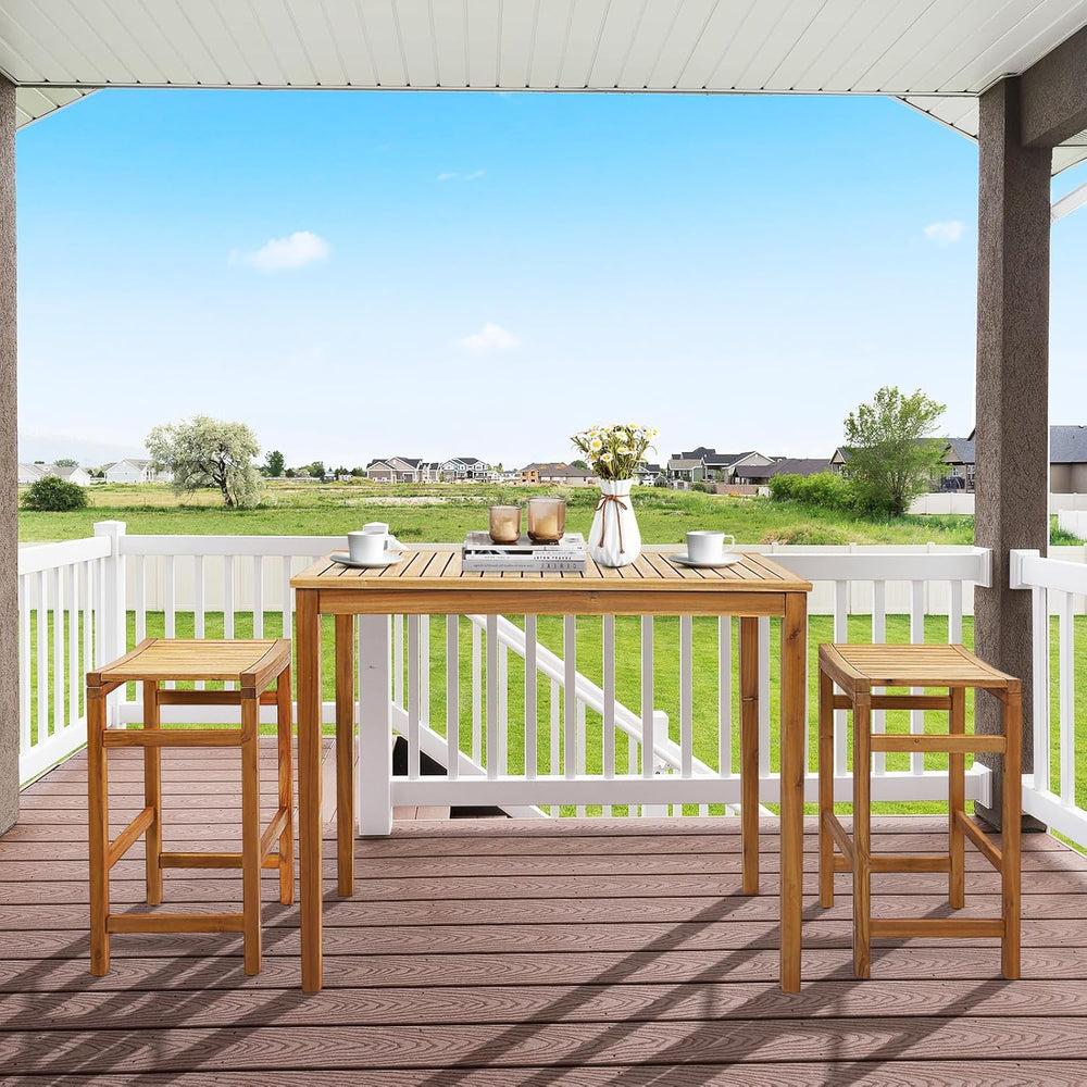 Tangkula Outdoor Acacia Wood Bar Table, 45” Rectangular Bar Height Farmhouse ...