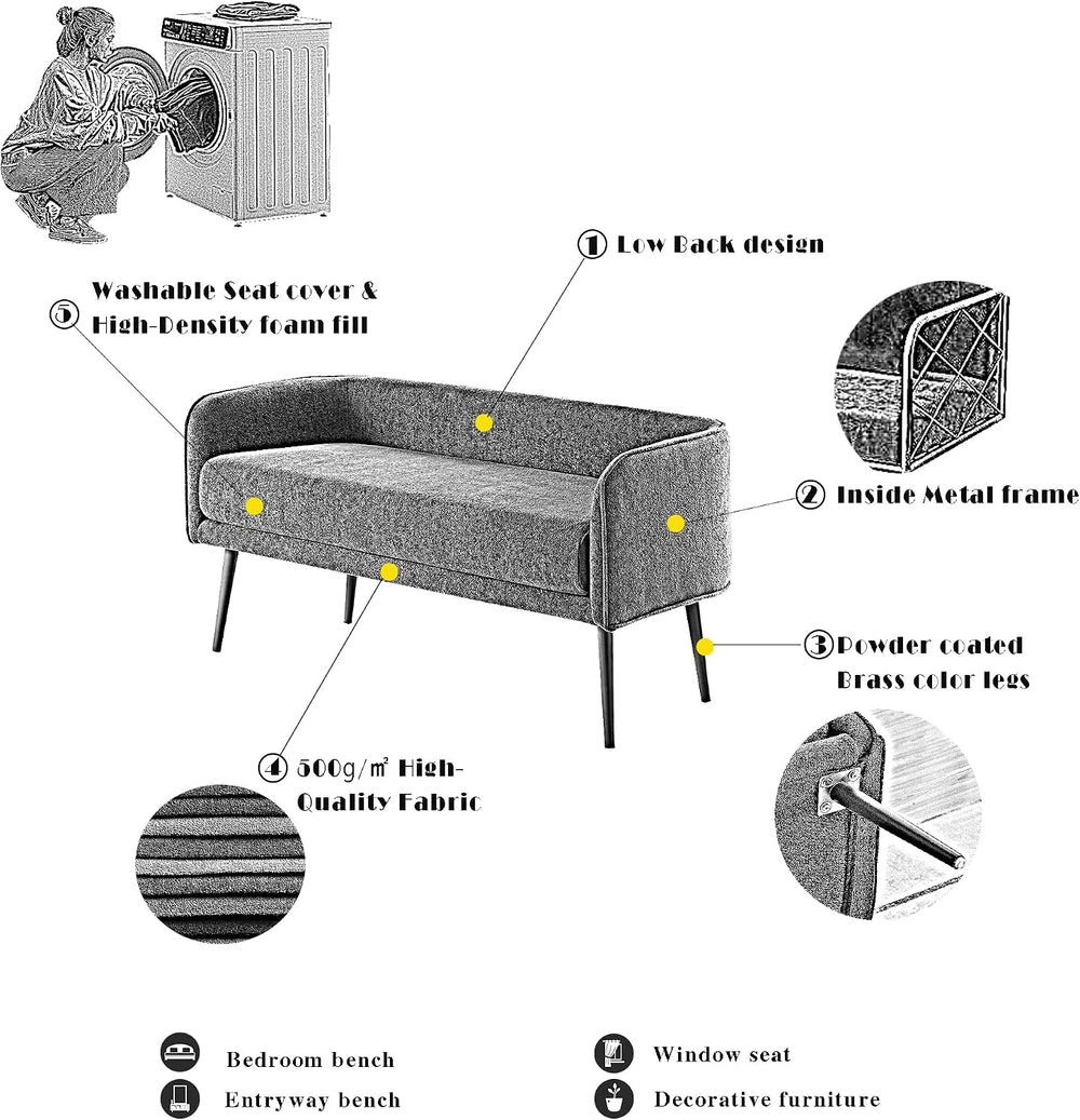 Bedroom Bench with Low Back,Inside Metal Frame, Extra Seat for Living Room,En...
