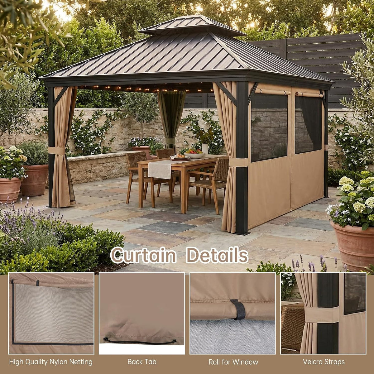 10x12 gazebo curtains outdoor waterproof, 4 privacy side, close-up detail