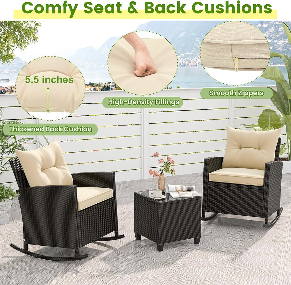 KOTEK 3 Piece Patio Furniture Rocking Bistro Set, Wicker Outdoor Rocking Chai...