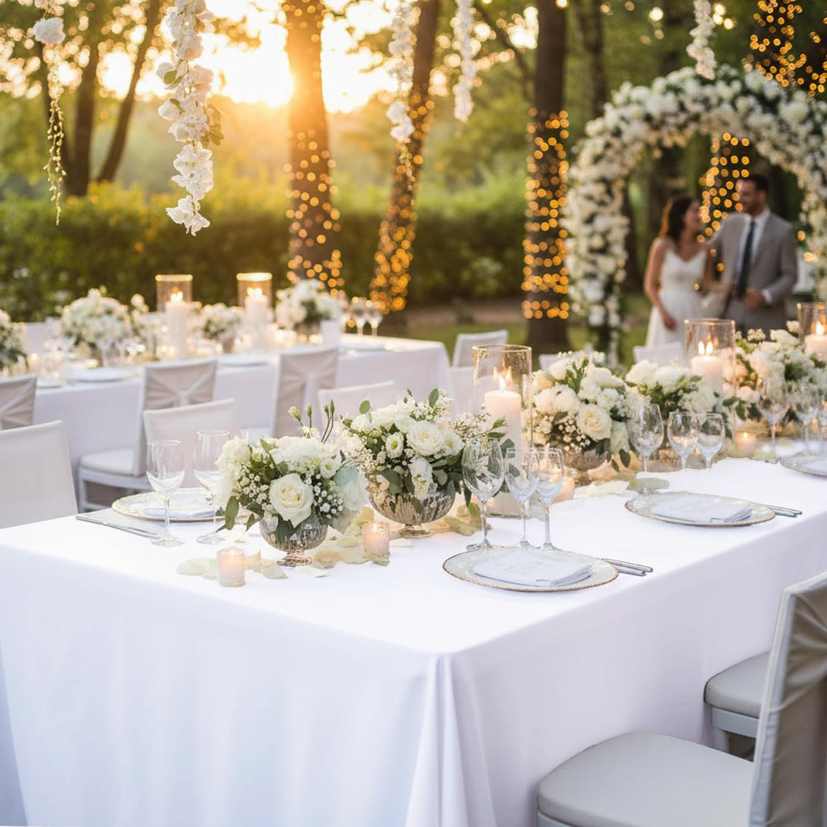 white tablecloths for rectangle tables, 60 x 102, front angle view