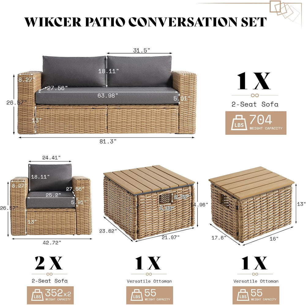 AMERLIFE 6-Piece Patio Sofa Set with Convertible Coffee Table - 8.3" Wid...