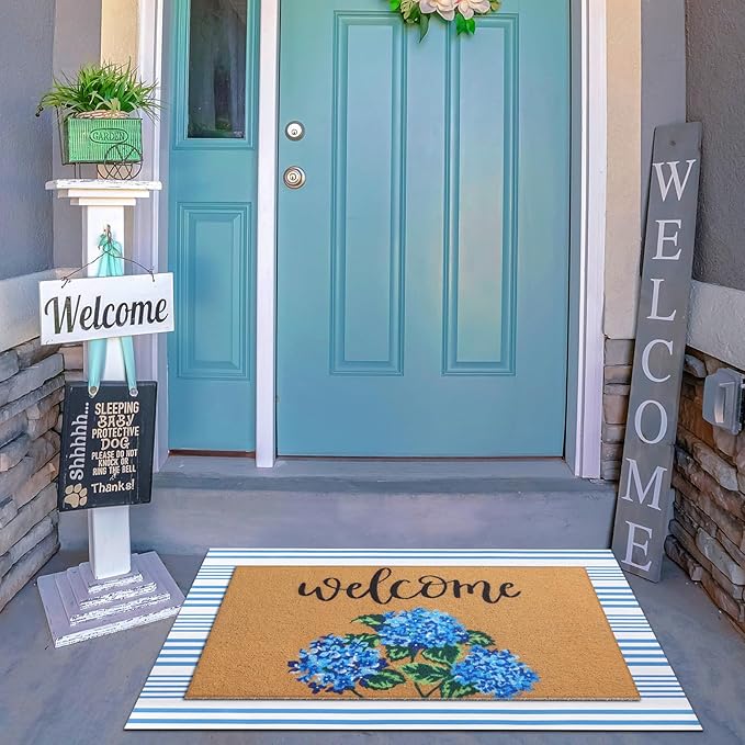 Tinideya 2 Pcs Hydrangea Door Mat Blue and White Stripe Welcome Non Slip Flow...