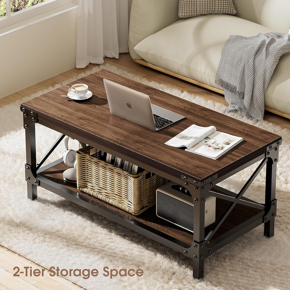 Rectangle Coffee Tables for Living Room, Wood Rectangular Coffee Table, 2 Tie...