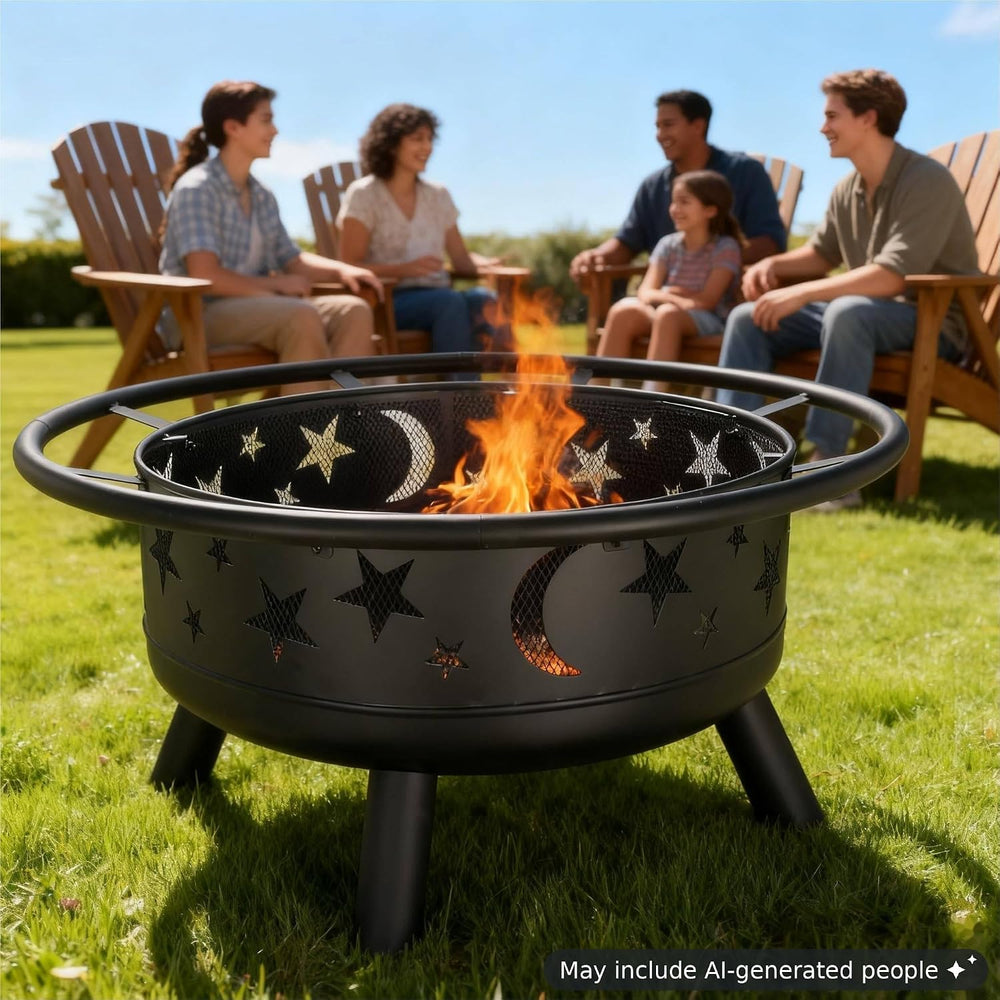 38-Inch Round Wood-Burning Fire Pit with Mesh Cover and Poker