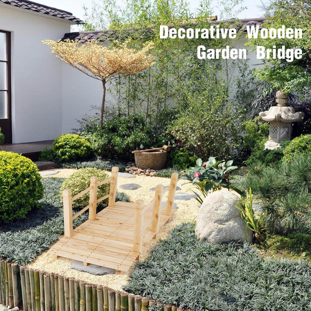 GIANTEX 5 ft Garden Bridge - Natural Wood Arc Footbridge Walkway with Side Ra...