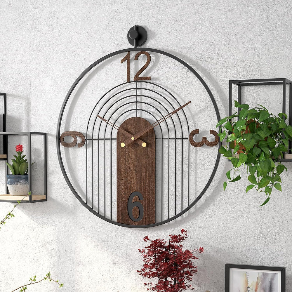 Modern Large Walnut Dial Wall Clock, Wood Metal Frame Silent Non Ticking Wall...