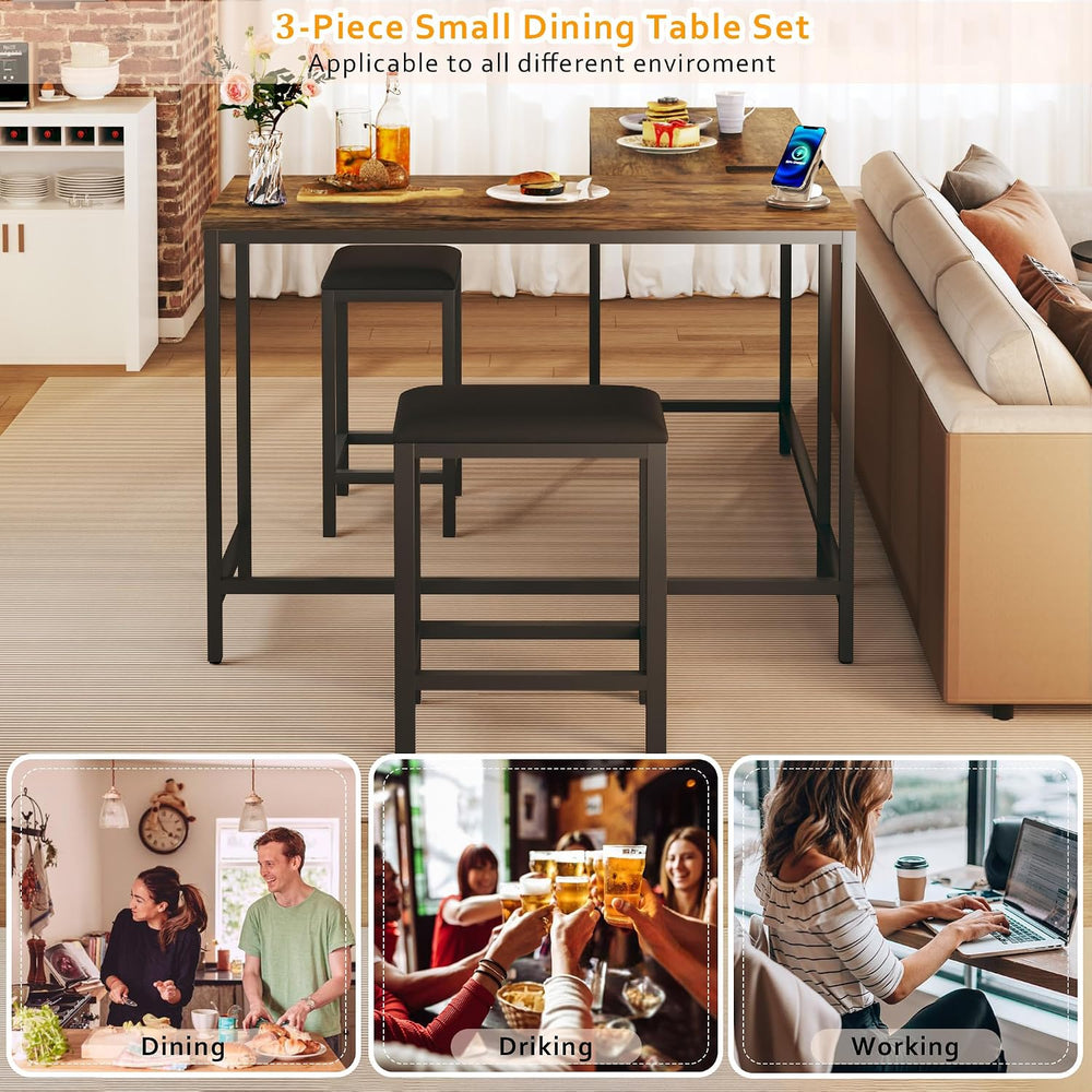 L Shaped Bar Table with Stools, 63‘’ Bar Height Table with Power Outlets, Con...
