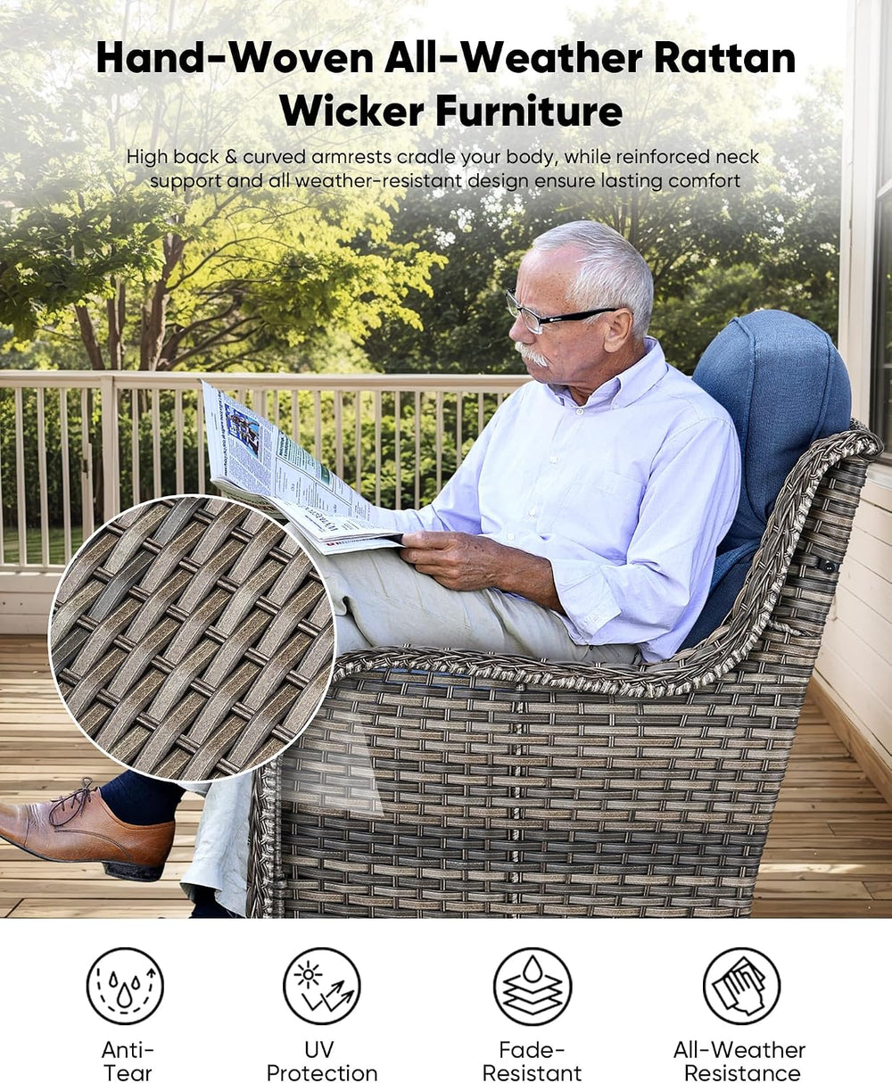 HUMMUH 3 Piece Wicker Swivel Rockers & Side Table, Grey/Blue