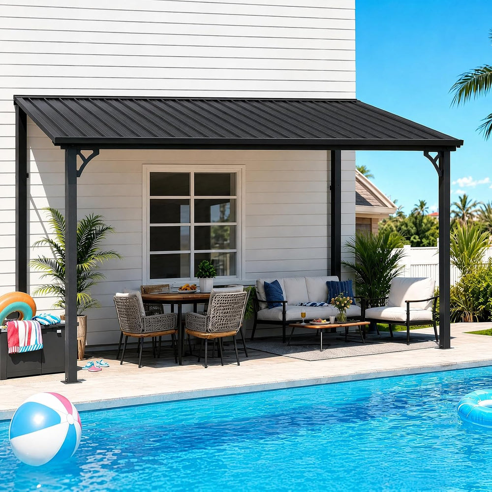 12x10 FT Lean to Gazebo, Sloping Galvanized Steel Roof Hardtop Gazebo, Outdoo...