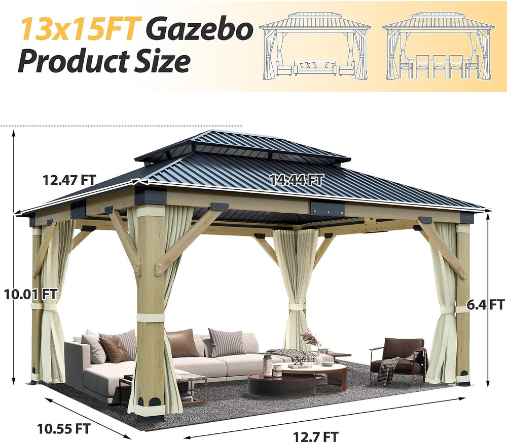 13'x15' Wood Gazebo, Outdoor Solid Wooden Gazebo with Double Roof Gal...