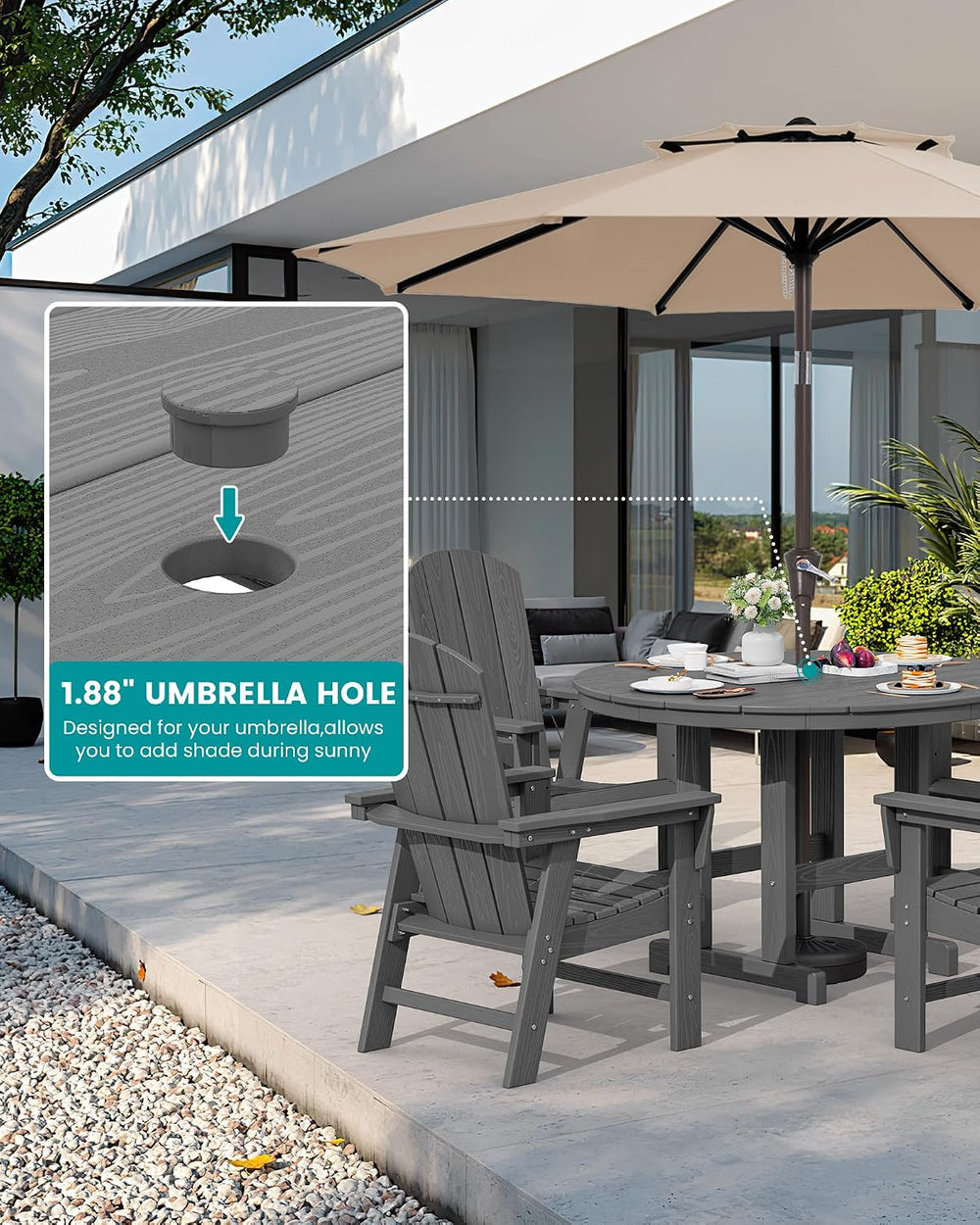 SERWALL 5-Piece Patio Dining Set, 45" Table & 4 Adirondack Chairs, Grey