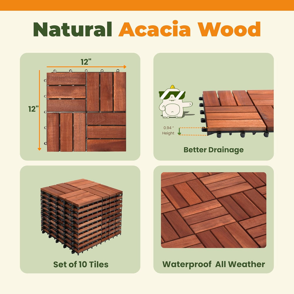 Jurax Interlocking Wood Deck Tiles, 10Pcs Patio Flooring, Red Oak