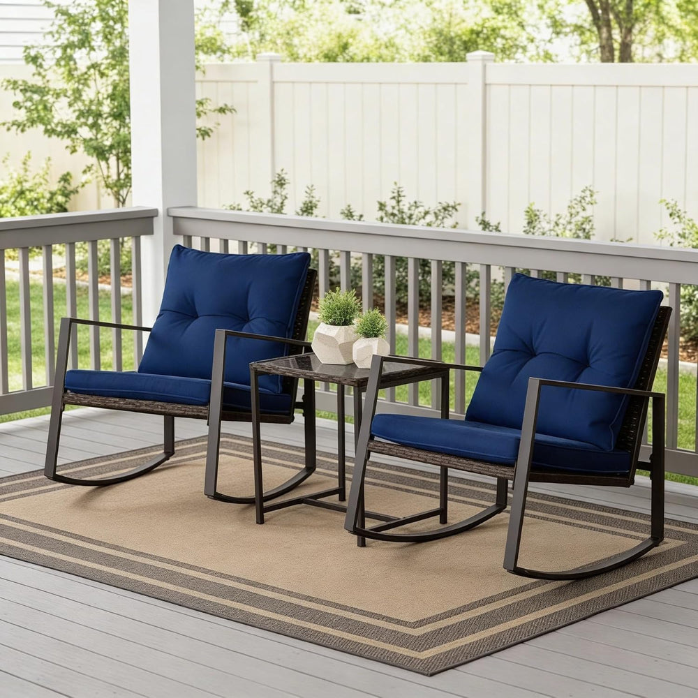 SUNCROWN 3 Piece Outdoor Rocking Bistro Set Brown Wicker Furniture Porch Chai...