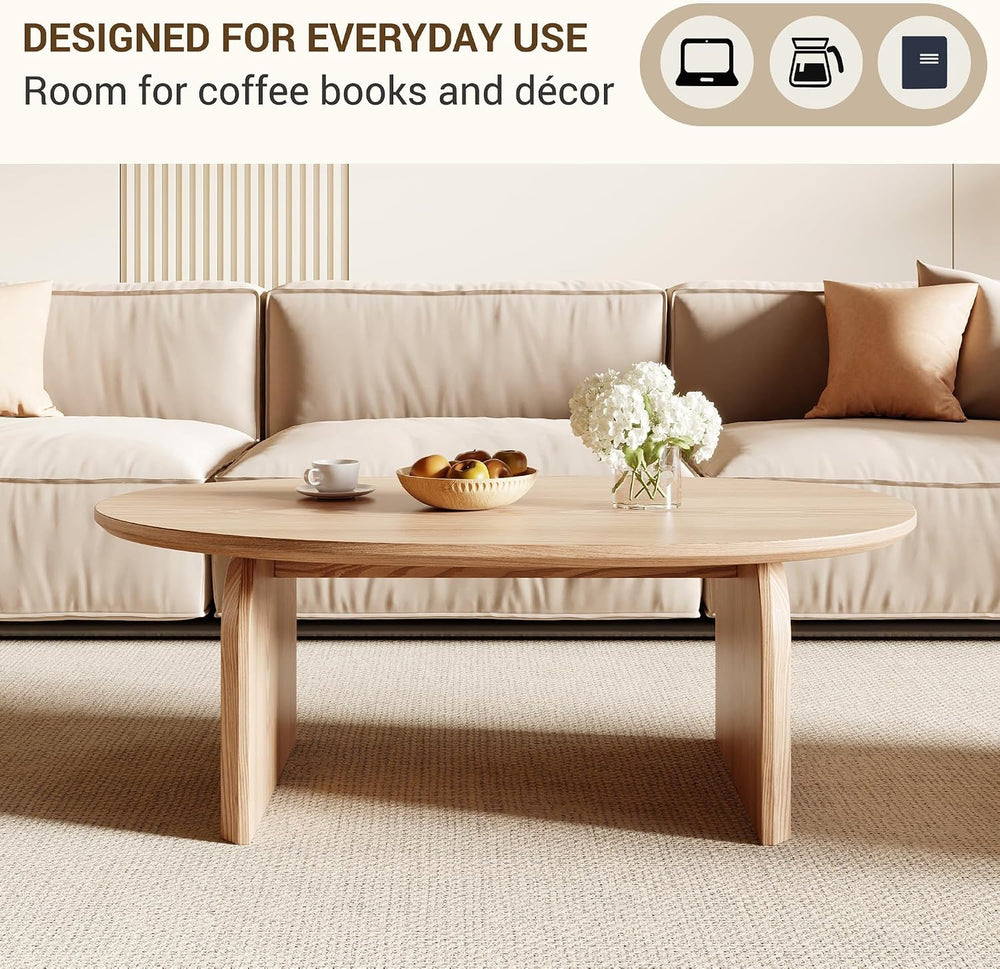 Honyee Modern Oval Coffee Table, Small Coffee Tables for Living Room - Oak Wo...