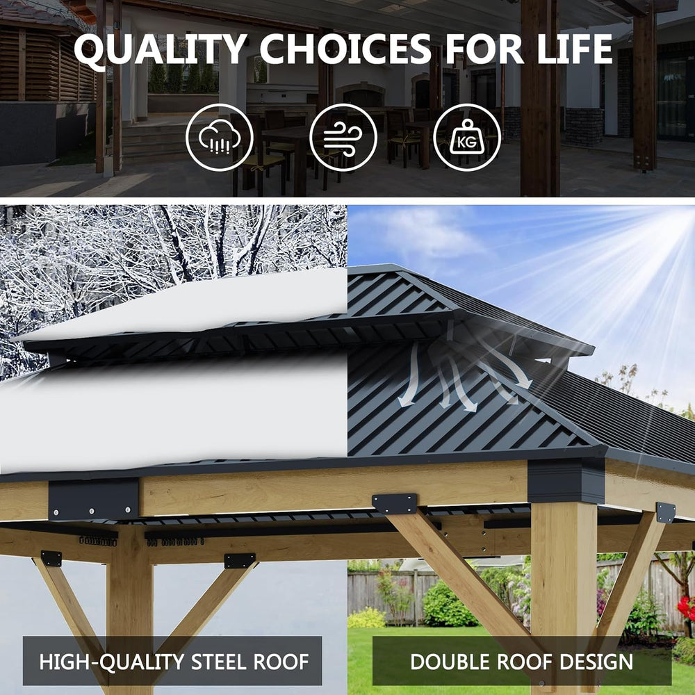 11x13FT Wood Gazebo, Outdoor Wooden Gazebo with Glavanized Steel Double Roof,...