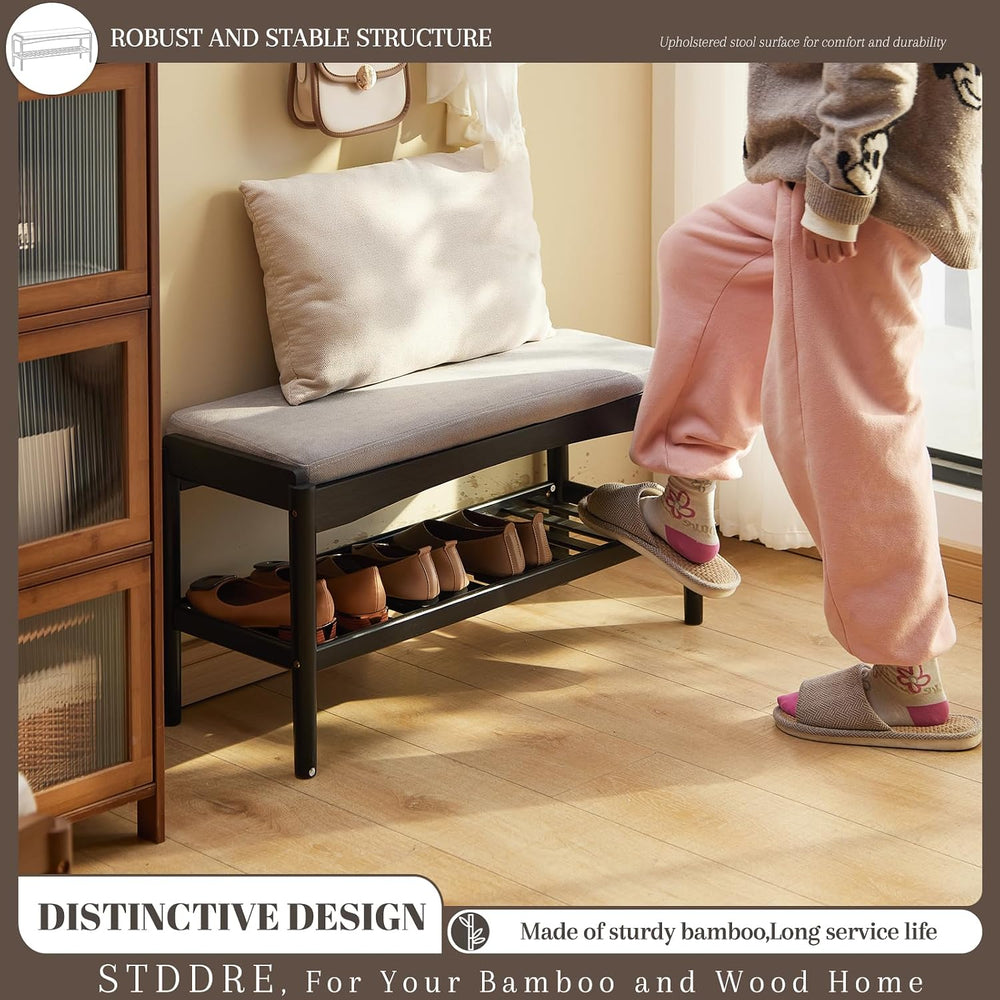 STDDRE Shoe Bench Entryway Bamboo 2-Tier Shoe Rack with Cushion Padded Seat S...