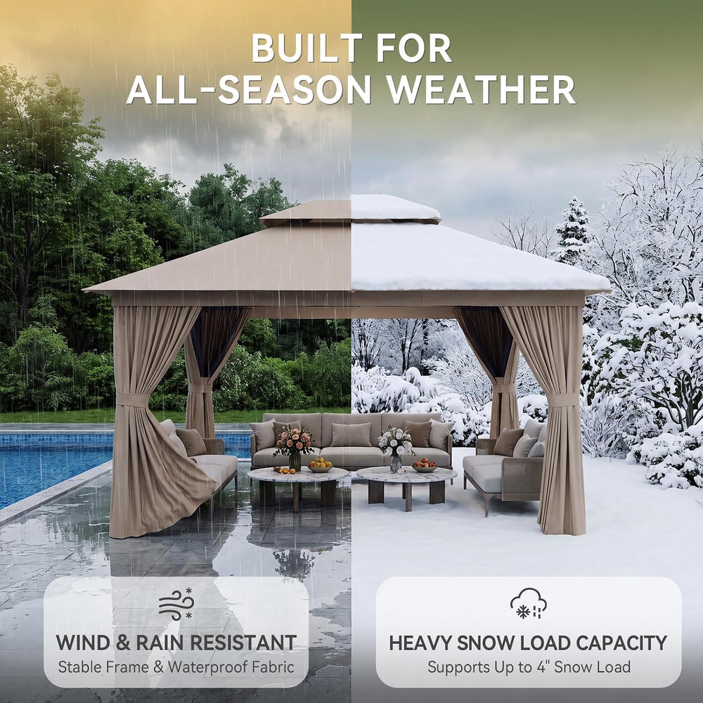 Aoxun 12'x10' Outdoor Gazebo with Curtain & Mosquito Netting, Beige