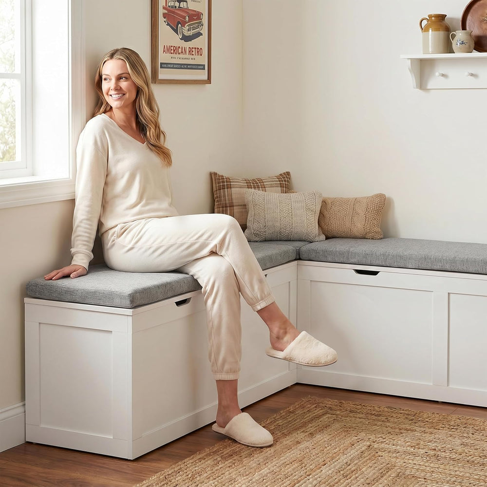 63” Breakfast Nook Bench, L Shaped Storage Bench with Cushion, White
