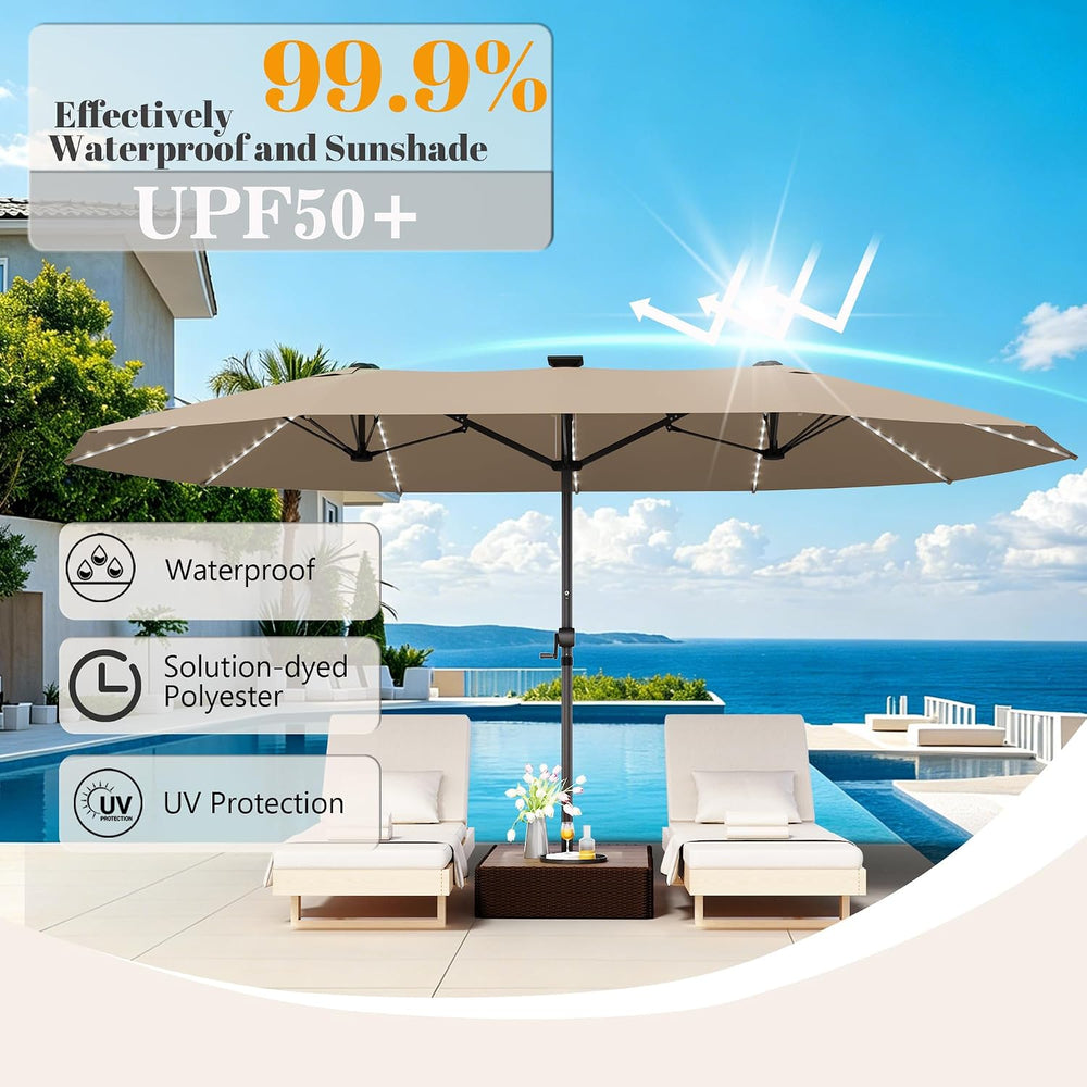 GDPFN 15ft Rectangular Patio Umbrella with Solar LED Lights, Double-Sided Out...