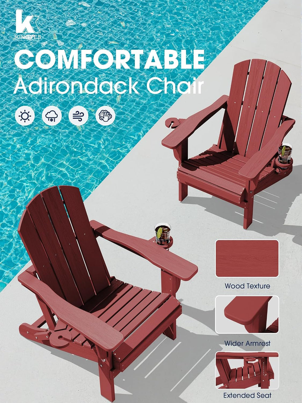 KINGYES Folding Adirondack Chair Set of 4 with 2 Cup Holders, Red