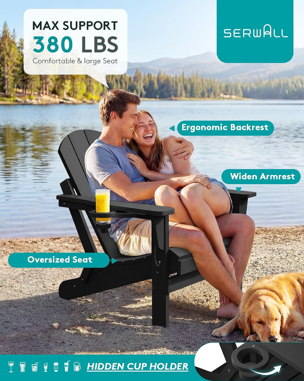 SERWALL Folding Adirondack Chair Set of 4, Fire Pit with Cup Holder -Black