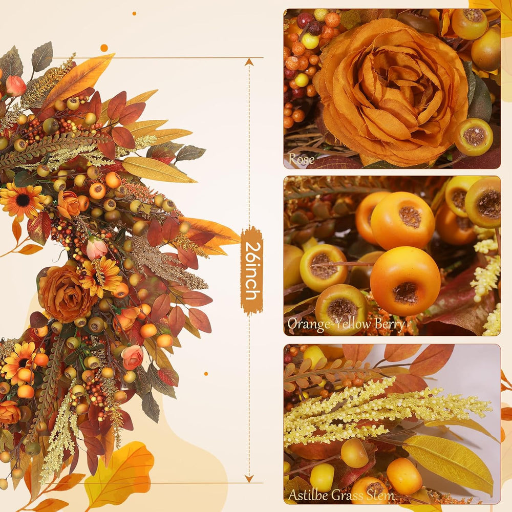 Fall Wreath for Front Door 26 Inch, Autumn Harvest Wreath Sunflowers Roses Ac...