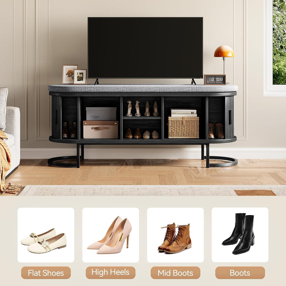 Decofy Shoe Storage Bench with Cushion and Sliding Doors, 47.2 Inch Shoe Benc...