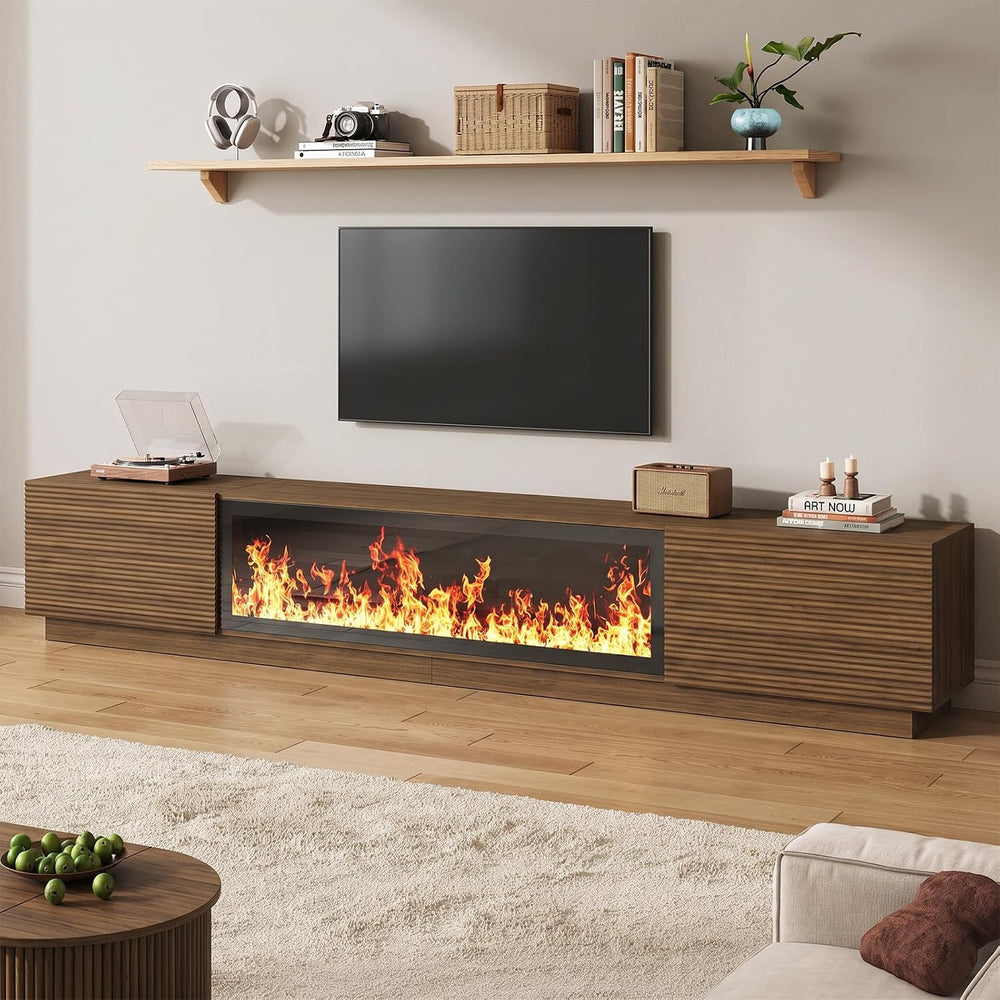 94.5" Fireplace TV Stand, Fluted TV Stands for Living Room, Walnut