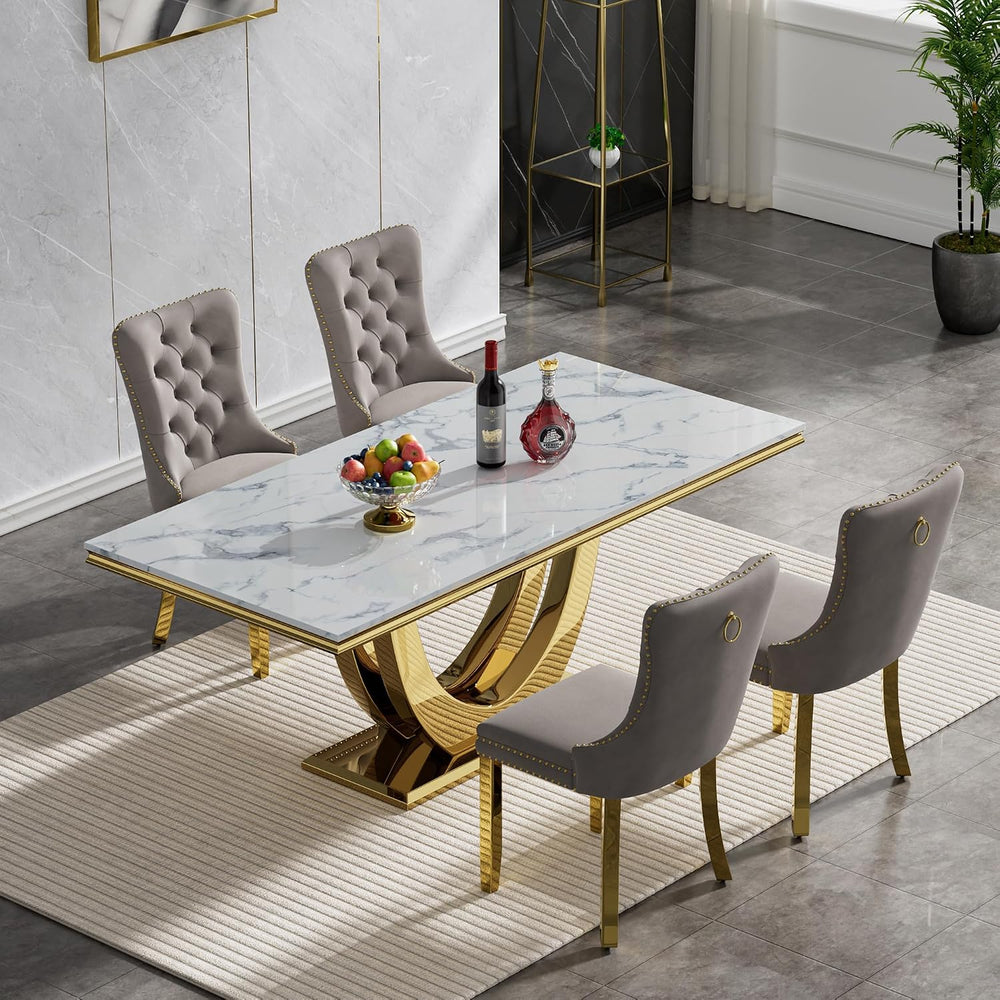 68" Marble Dining Table Set for 4, Luxury White Gold Kitchen Table with ...