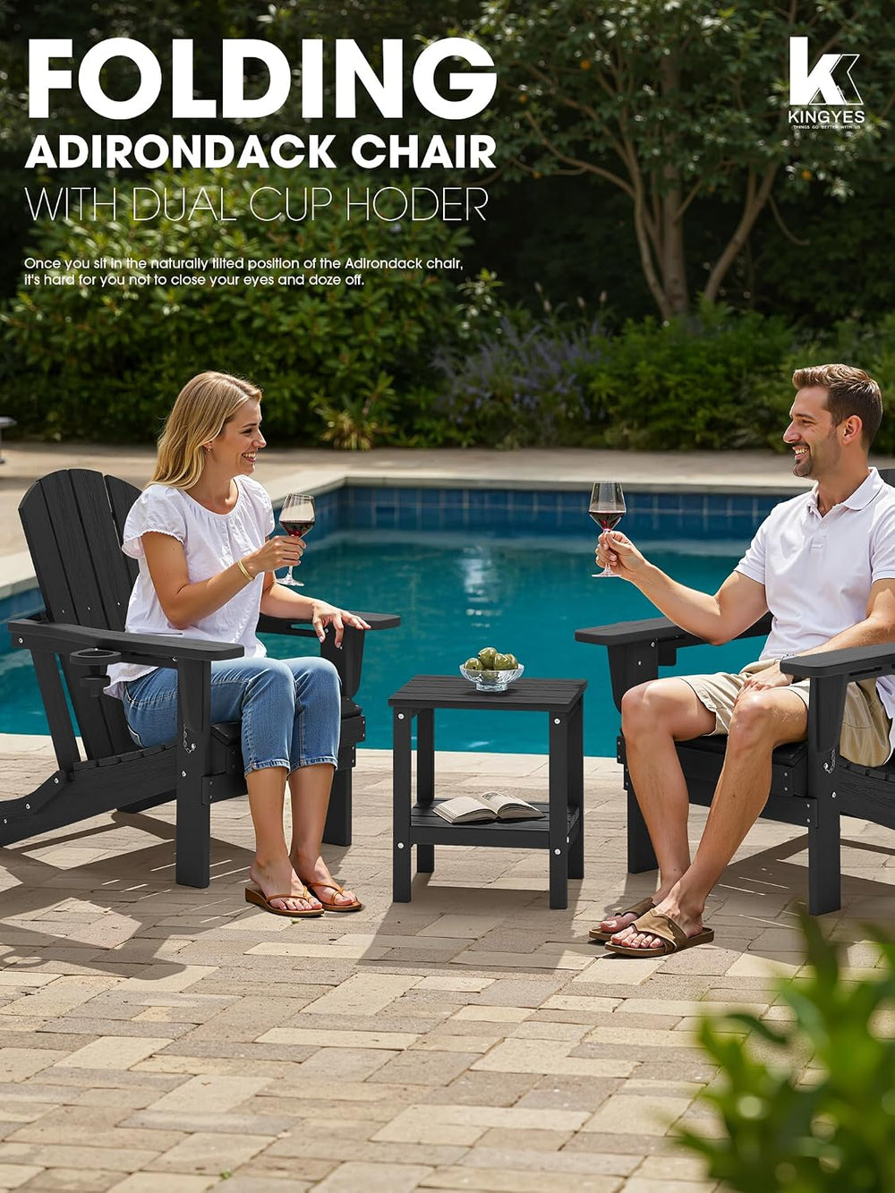 KINGYES Folding Adirondack Chair Set of 2 with 2 Cup Holders, Black