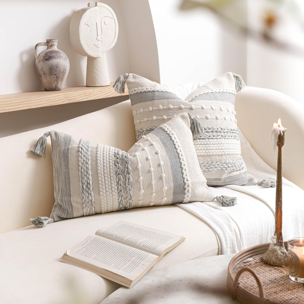 BlissBlush Gray Boho Decorative Throw Pillow Cover 20x20 Square Farmhouse Acc...