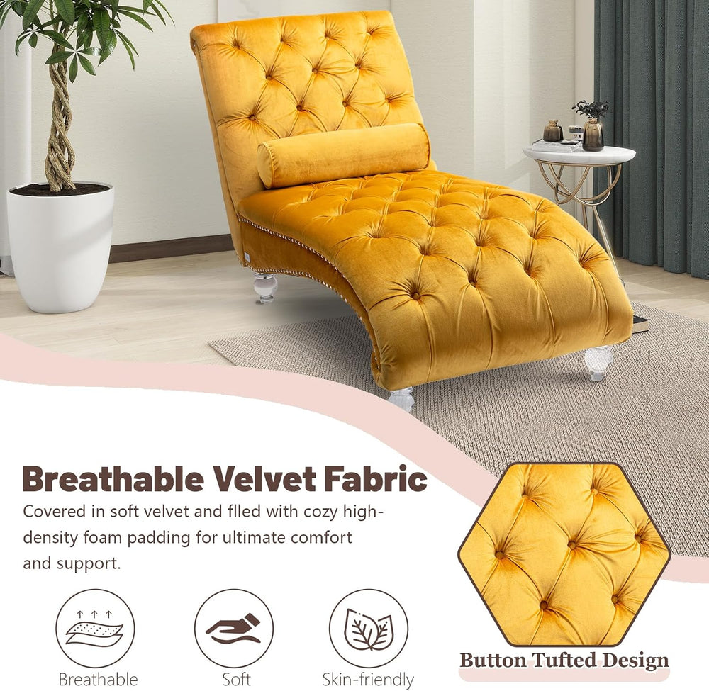 Chaise Lounge Chair Indoor Mustard Velvet Upholstered Button Tufted Chaise Lo...