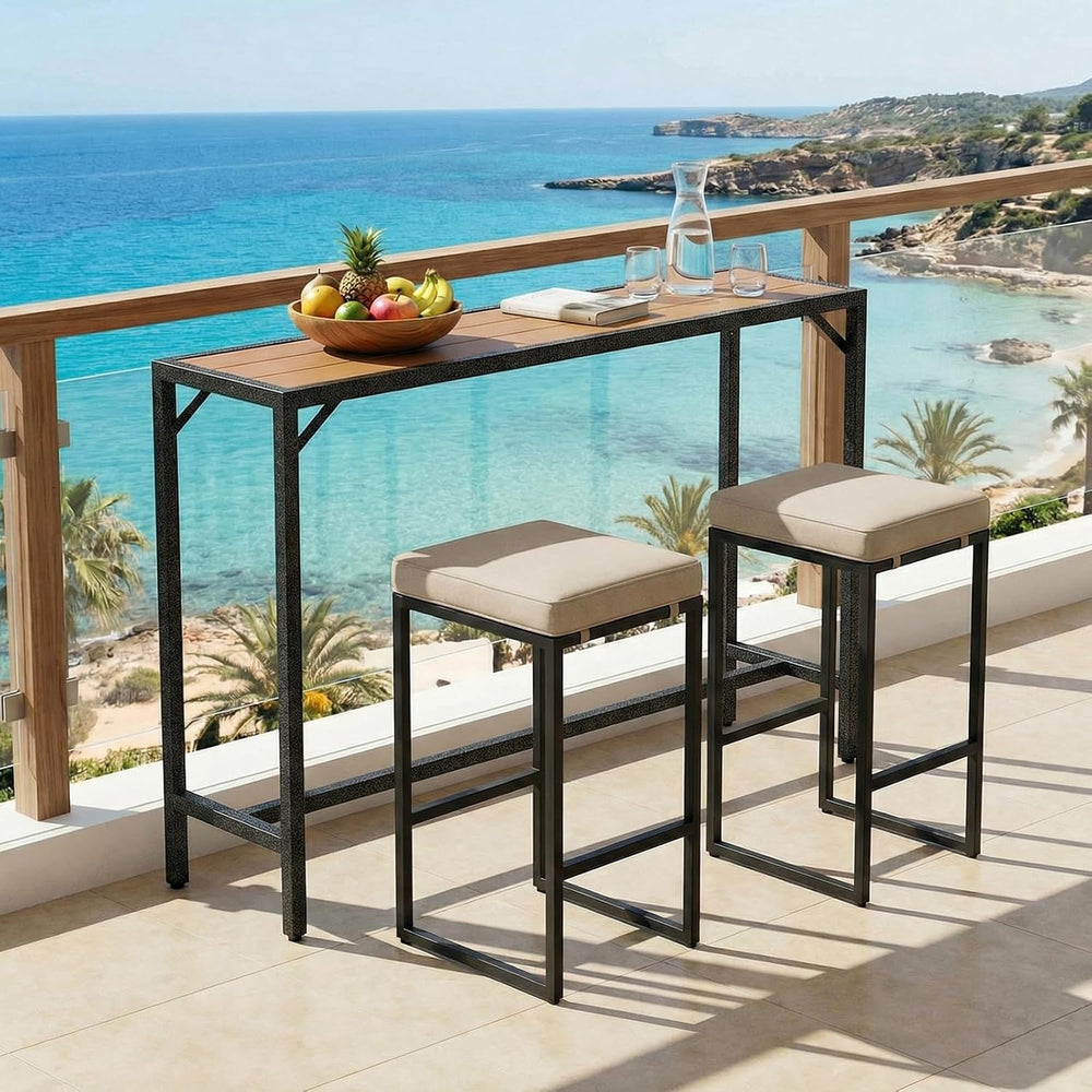 TLSUNNY 63" Patio Bar Table, Sturdy Outdoor Counter Height Table, Teak