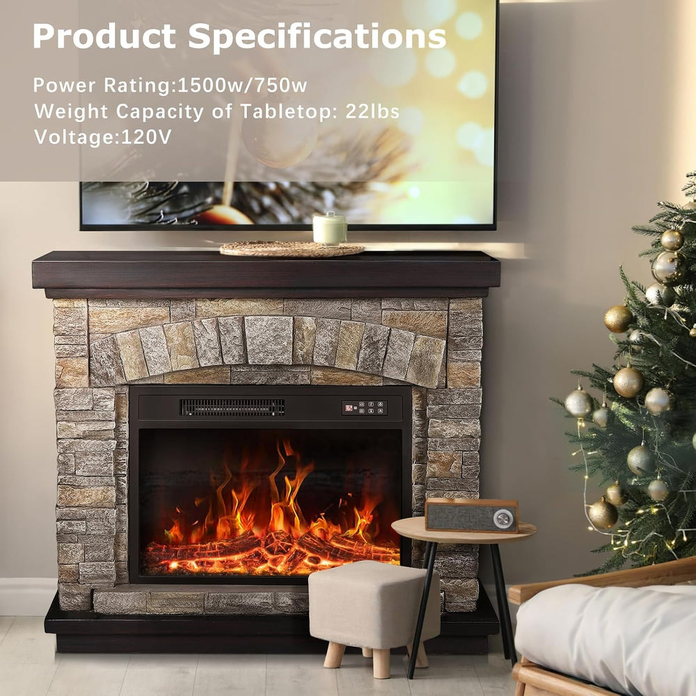 PUKAMI 36 inch Electric Fireplace with Mantel, Realistic Stone Finish Freesta...