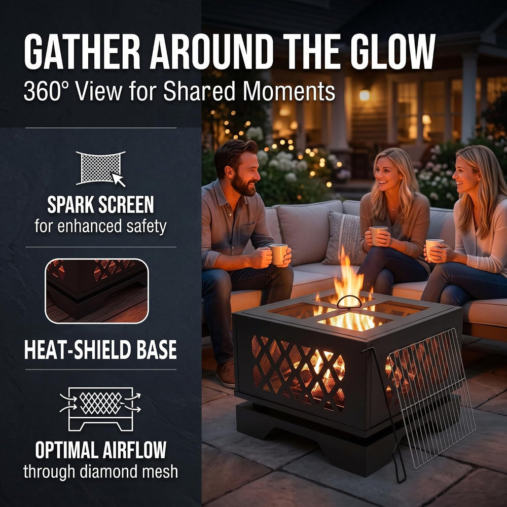 Kingson 20" Square Outdoor Fire Pit, 2-in-1 BBQ Grill, Heavy-Duty Steel
