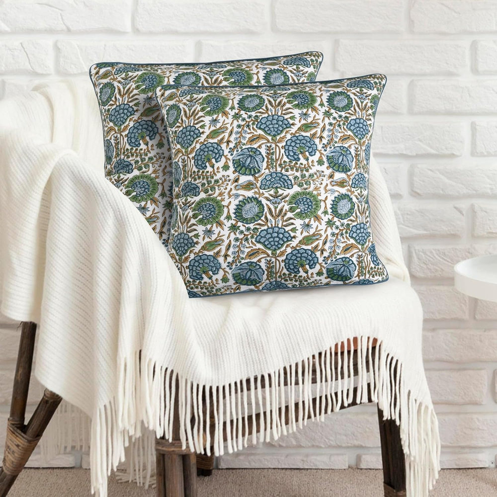 Ridhi Block Print Asparagus Green Pillow Cover 18" x 18" (Pack of 2...