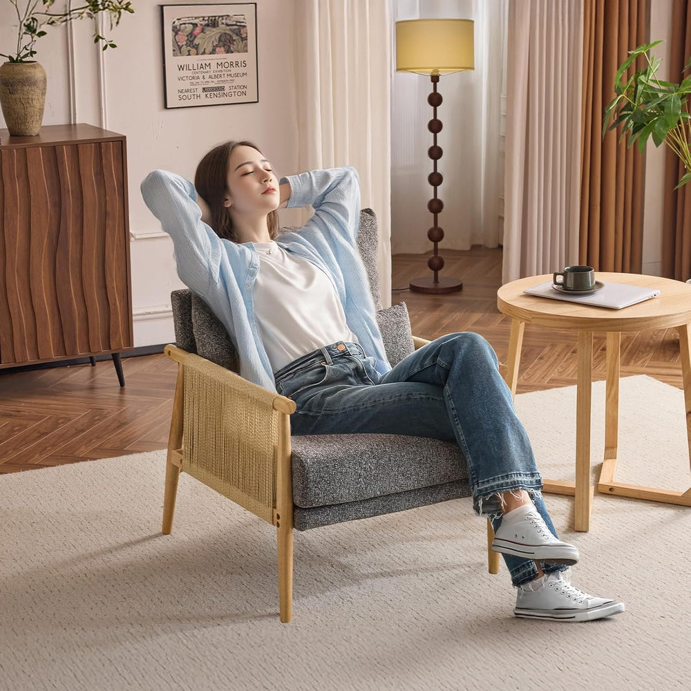 VINGLI Boho Braid Accent Armchair,Mid-Century Modern Chiar with Solid Wooden ...