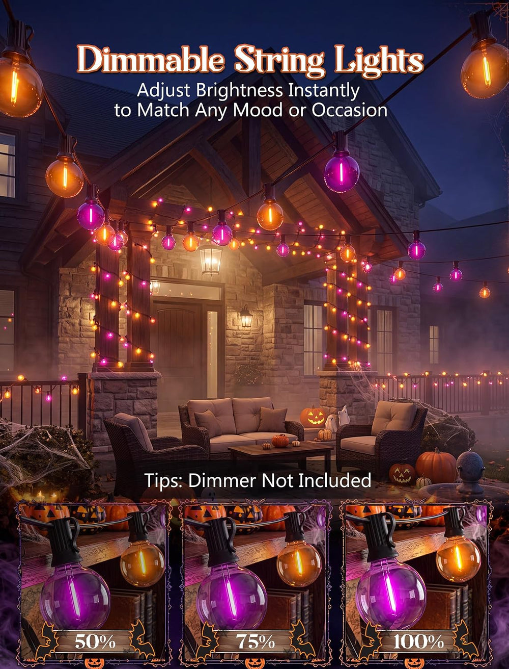 50FT Halloween String Lights Outdoor, G40 Orange and Purple LED Globe Patio L...