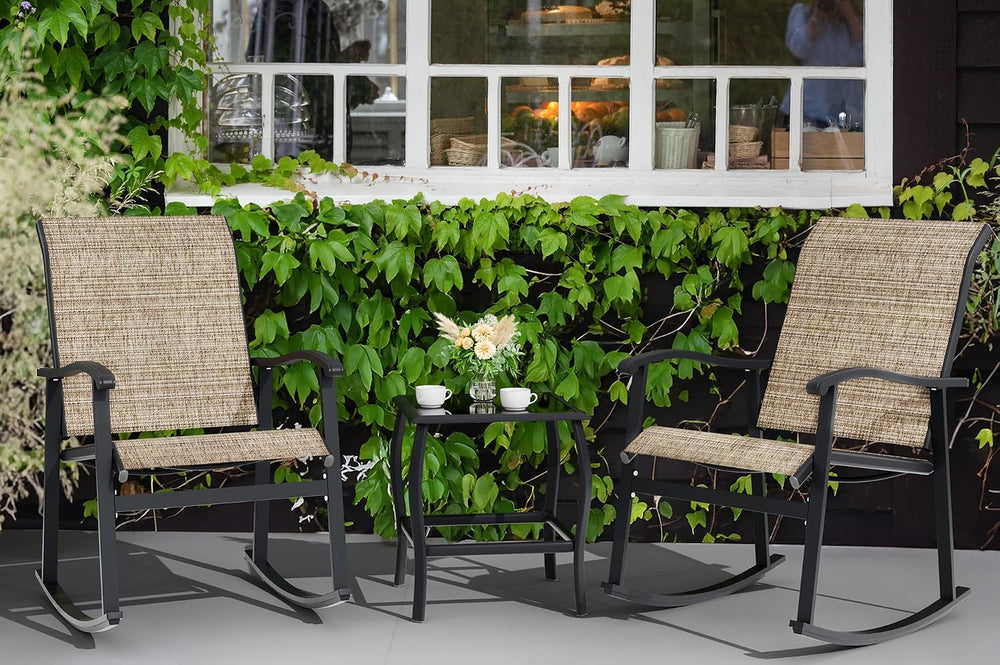 Vongrasig 3 Piece Outdoor Rocking Bistro Set, Textilene Fabric Small Patio Fu...