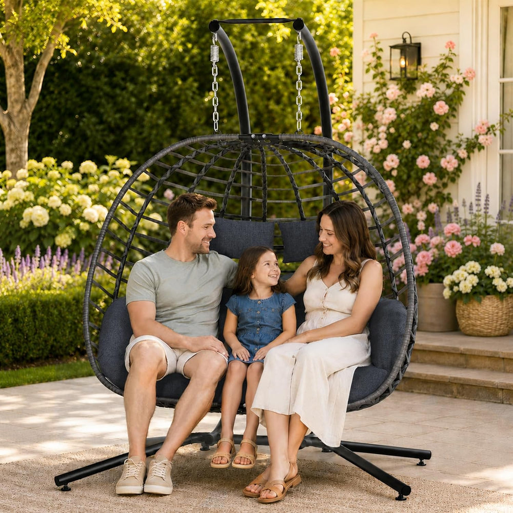 Double Egg Swing Chair with Stand, Outdoor 650LBS, Dark Gray