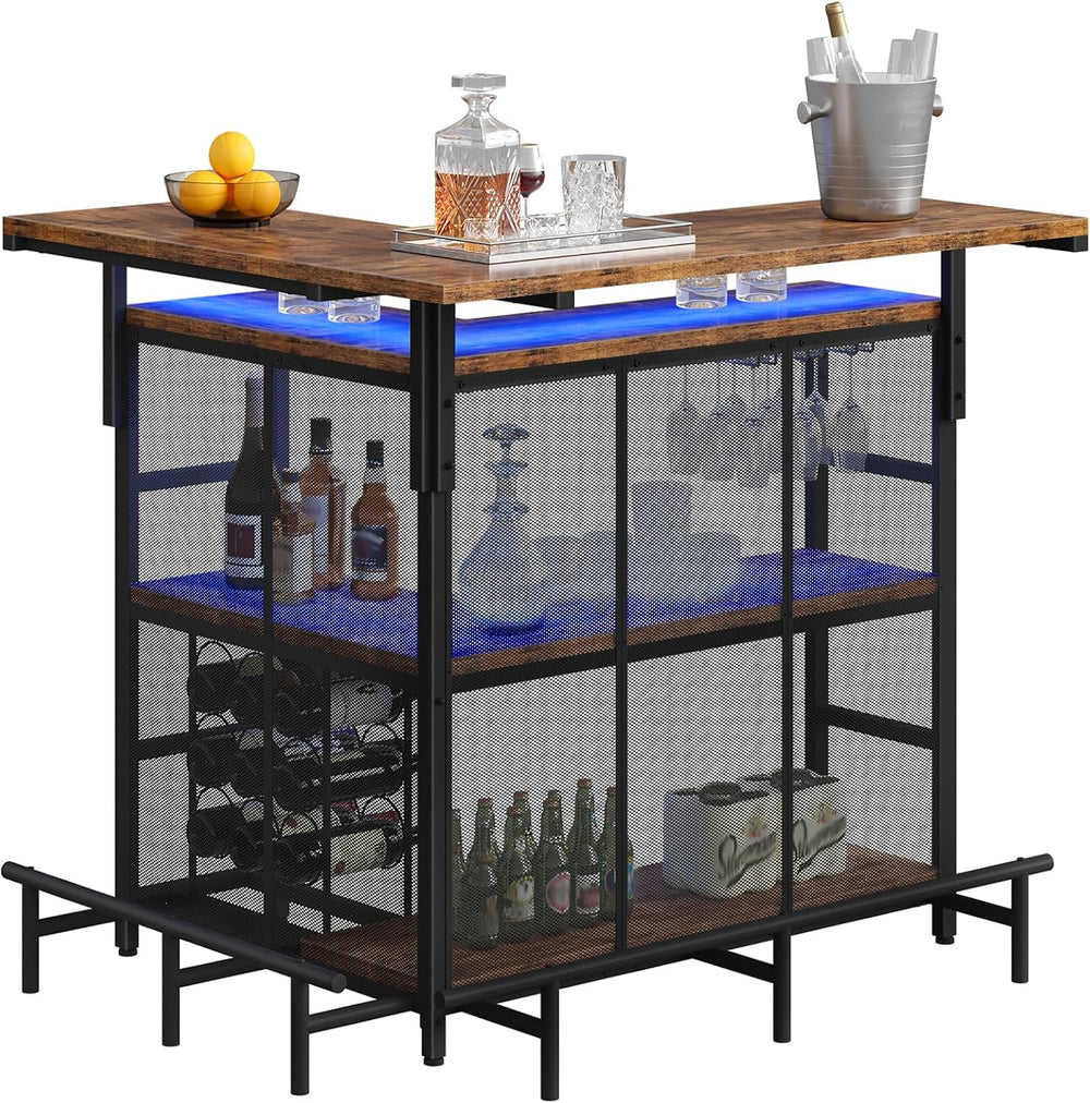 HOOBRO Home Bar Unit, L-Shaped Bar Table with Glasses Holder & 4-Tier She...