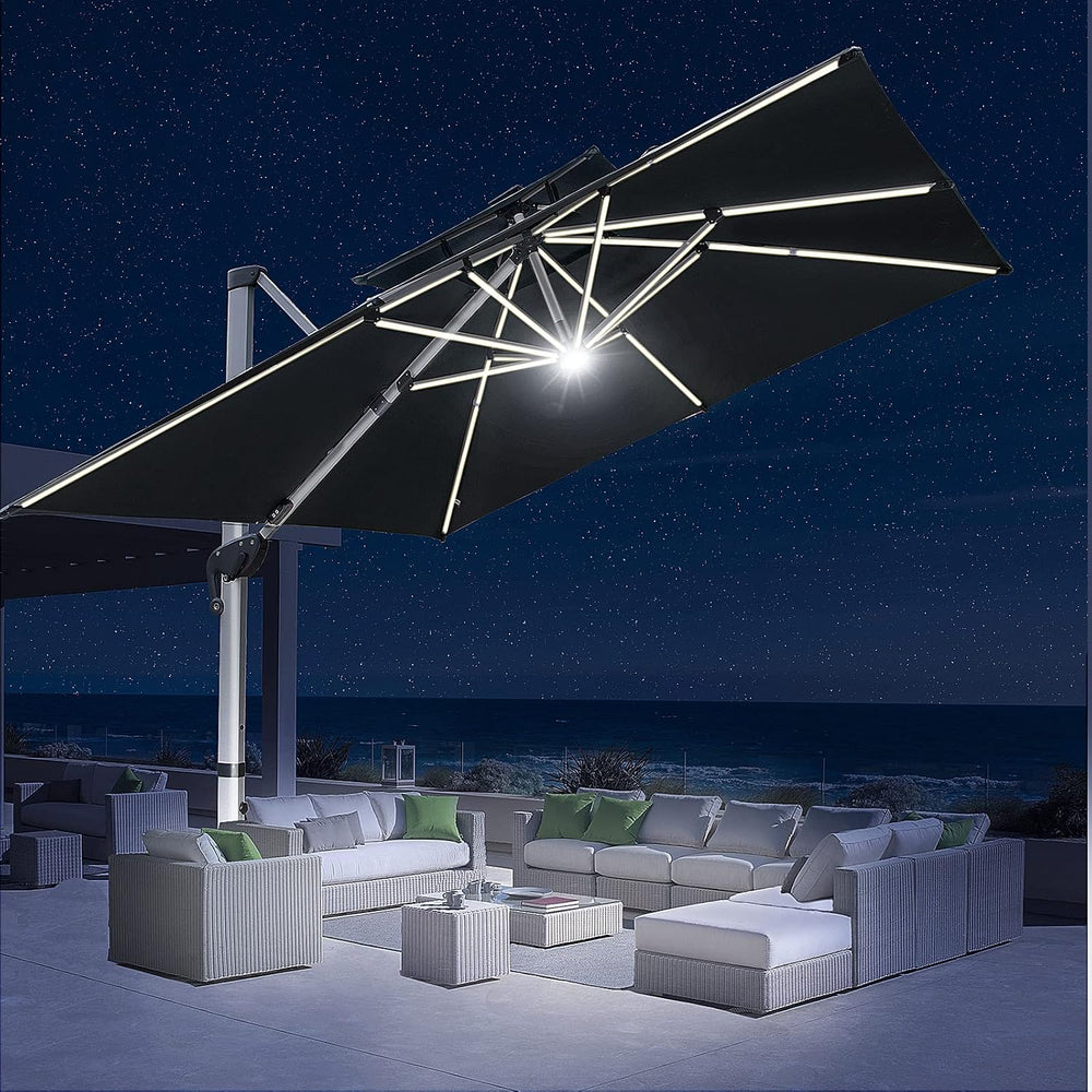 10x10 FT Square Cantilever Patio Umbrella with Solar LED Lights and Cross Bas...