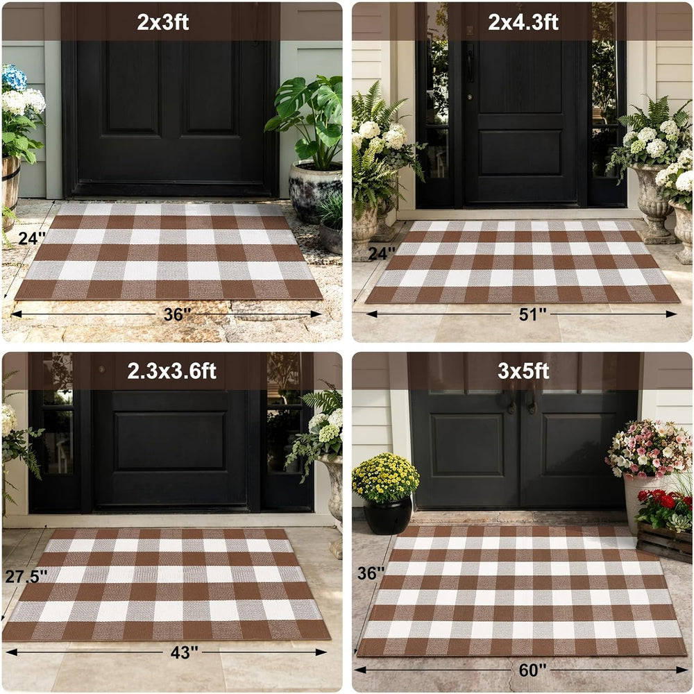 Fall Front Door Mat 3'x5' Buffalo Plaid Checkered Outdoor Rug Brown