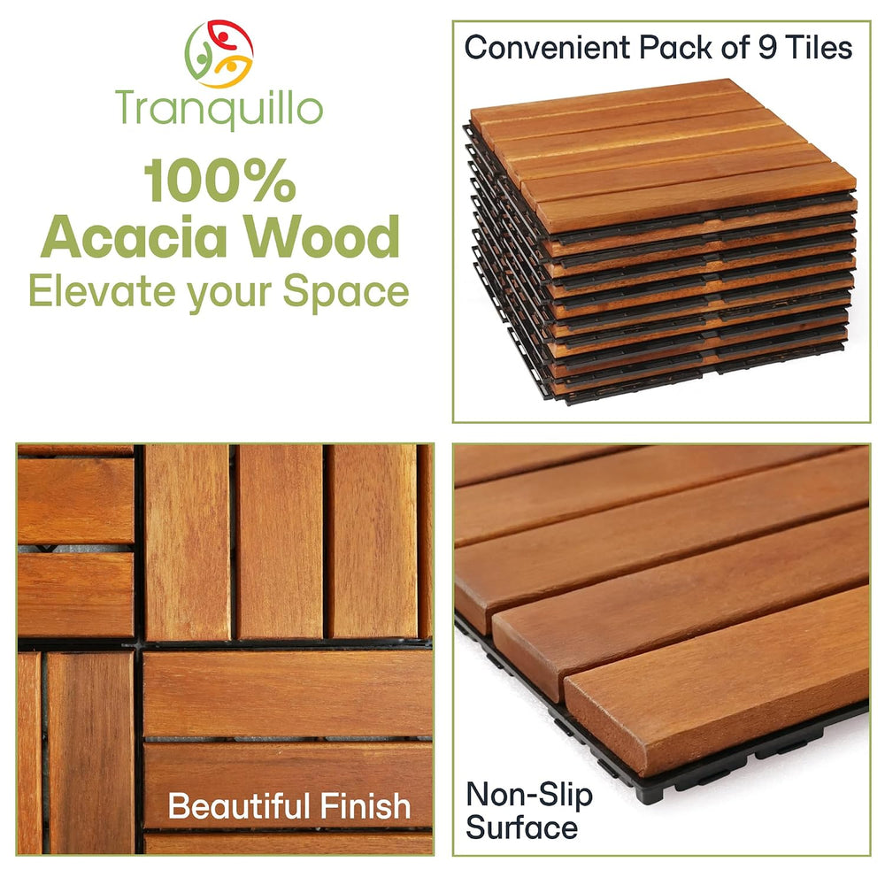 Acacia Wood Interlocking Deck Tiles, Waterproof Patio Tiles, 9 PCS- Natural